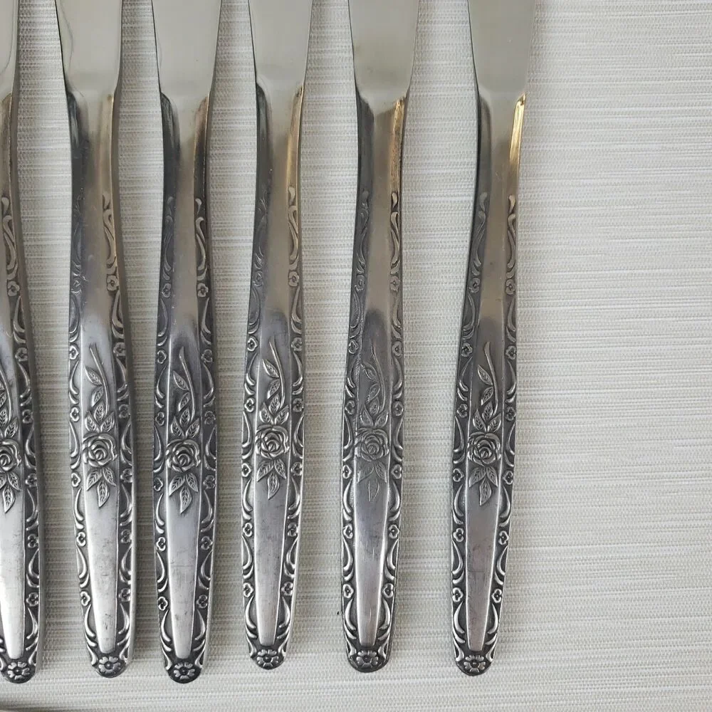 Vintage Single Rose Stainless Steel Butter Knives 8 Pcs Silverware Japan MCM